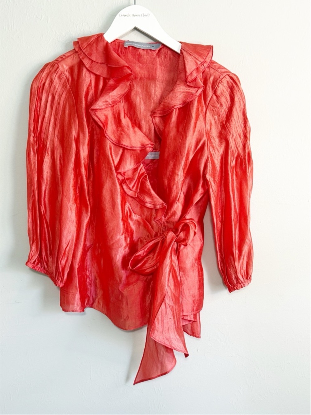 ANTHEA CRAWFORD Women’s Coral Orange Tie Front Wrap Silk Blouse 2 Piece Size 10